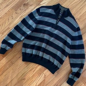 Brooks Brothers Men’s Merino Wool Striped Quarter Zip Blue Gray Red Sweater